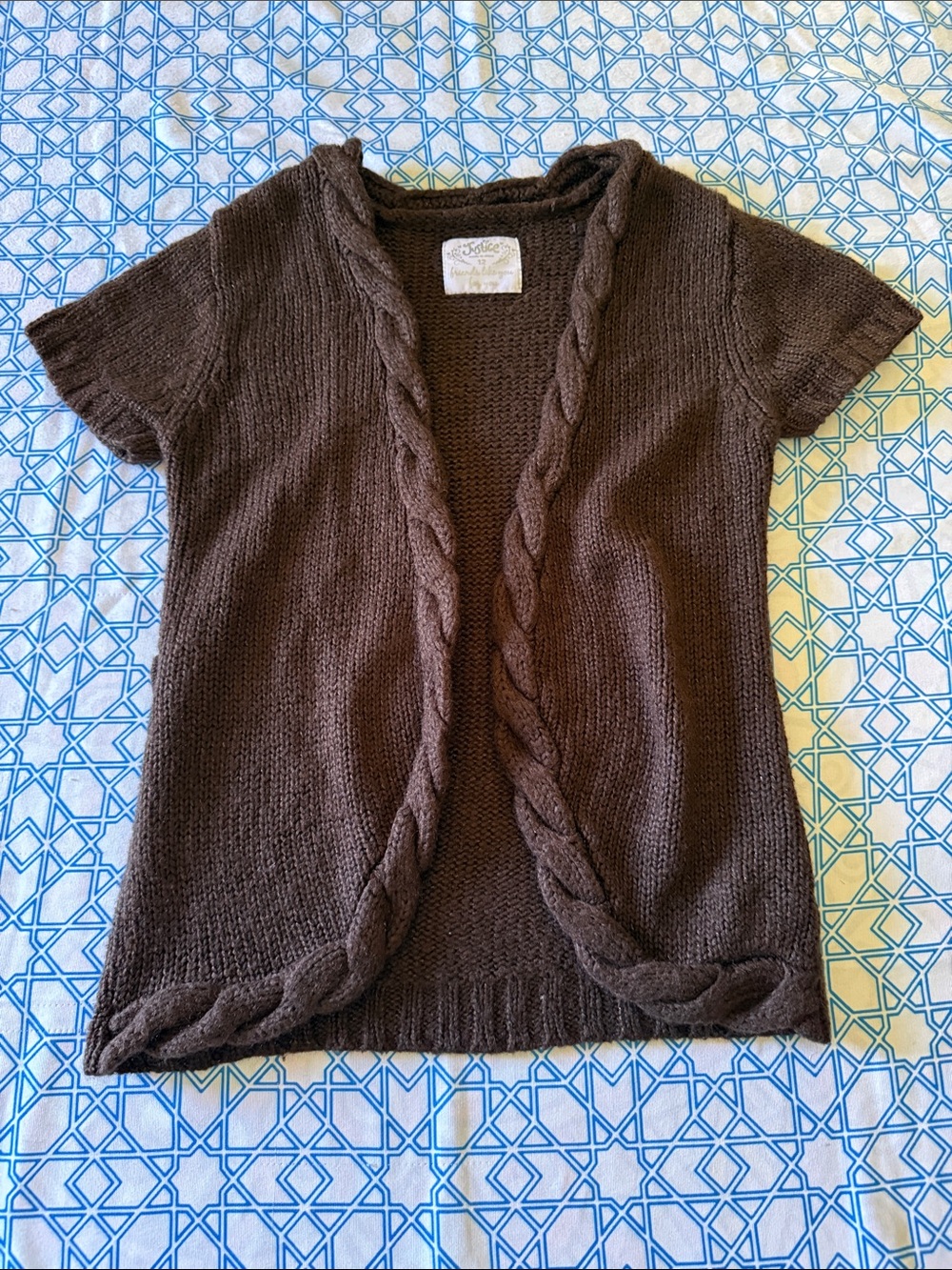 Justice Short-Sleeve Cable-Trim Open Cardigan - Brown